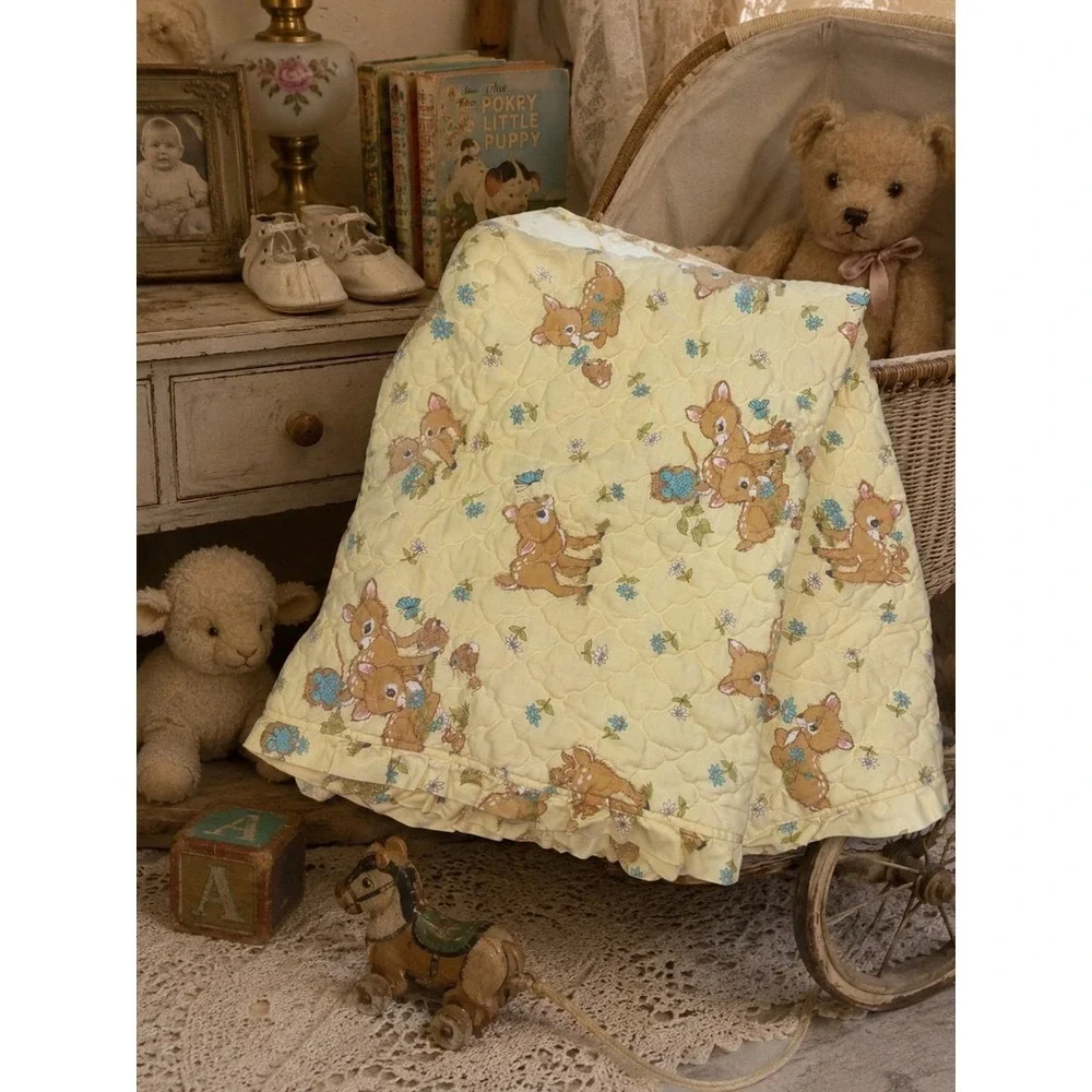 Vintage Woodland Baby Deer Crib Quilt Yellow Ruffle Blanket Nursery 54x42 Fawn